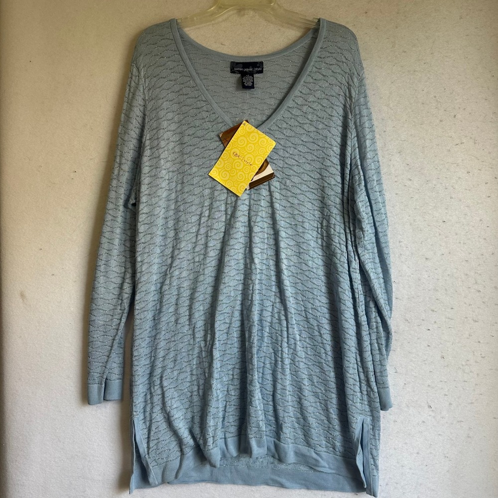Susan Graver Style Blue Silver Metallic Wavy Stripe V-Neck Tunic Sweater 2X NWT